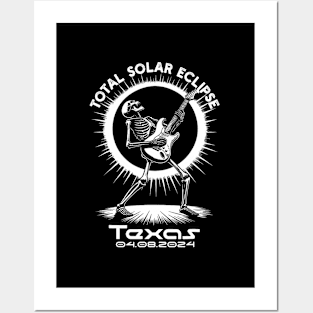 Total Solar Eclipse 2024 Texas Skeleton Electric Guitar Posters and Art